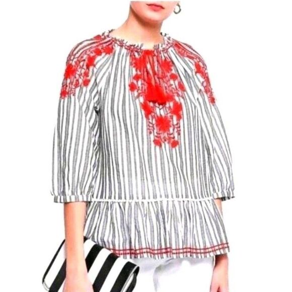 kate spade new york Tops - Kate Spade Broome Street Women's M Stripped BOHO Embroidered Oversized Tunic Top